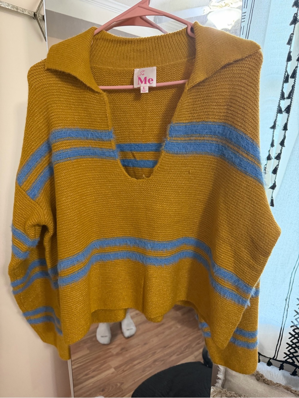 So Me Mustard Yellow V-Neck Sweater with Blue Stripes